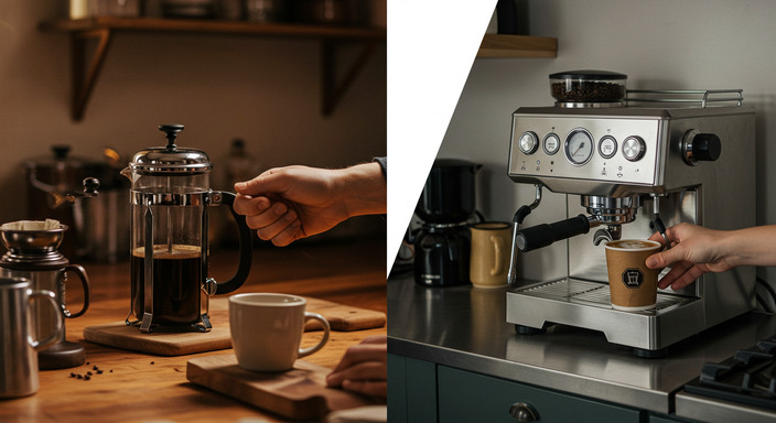 Side-by-side comparison of traditional French press coffee brewing and modern espresso machine preparation in different kitchen settings.