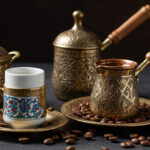 Traditional Turkish coffee preparation with a copper cezve, coffee grounds, and historical brewing tools in a cultural setting