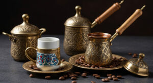 Traditional Turkish coffee preparation with a copper cezve, coffee grounds, and historical brewing tools in a cultural setting