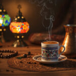 "Traditional Turkish coffee being served in a copper cezve with incense smoke, symbolizing its spiritual and cultural significance"