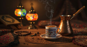"Traditional Turkish coffee being served in a copper cezve with incense smoke, symbolizing its spiritual and cultural significance"